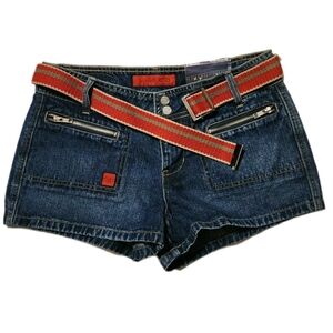 NWT Bongo Blue Denim Jean Shorts Belted w Red Belt y2k Junior Womens Sz 7 Zip